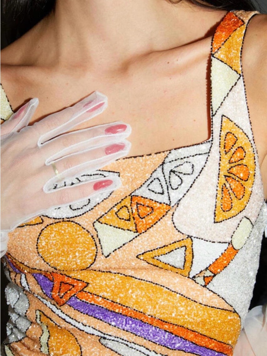 Beaded Geometric Mini Dress In Orange And Purple